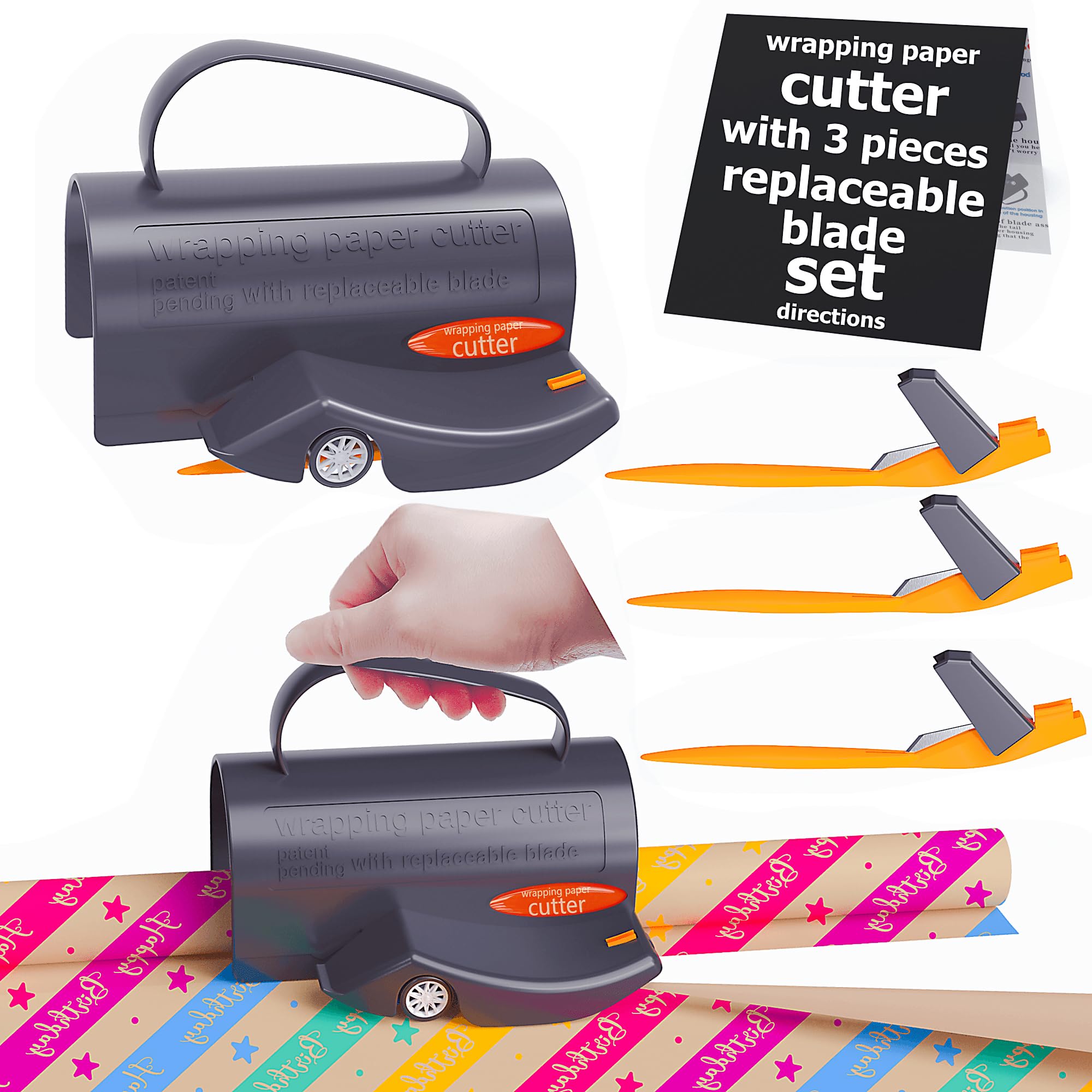 Coupe Papier Cadeau Rouleau,1 Pièces Coupe Papier D'emballage, avec 3 jeux de lames interchangeables,Wrapping Paper Gift Wrap Cutter, Pour les anniversaires, Noël et toutes sortes de fêtes
