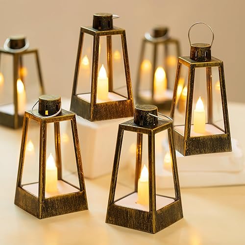 Romadedi Mini farol decorativo para centros de mesa, 10 linternas de vela vintage plateadas con velas LED parpadeantes para mesa de boda, decoración