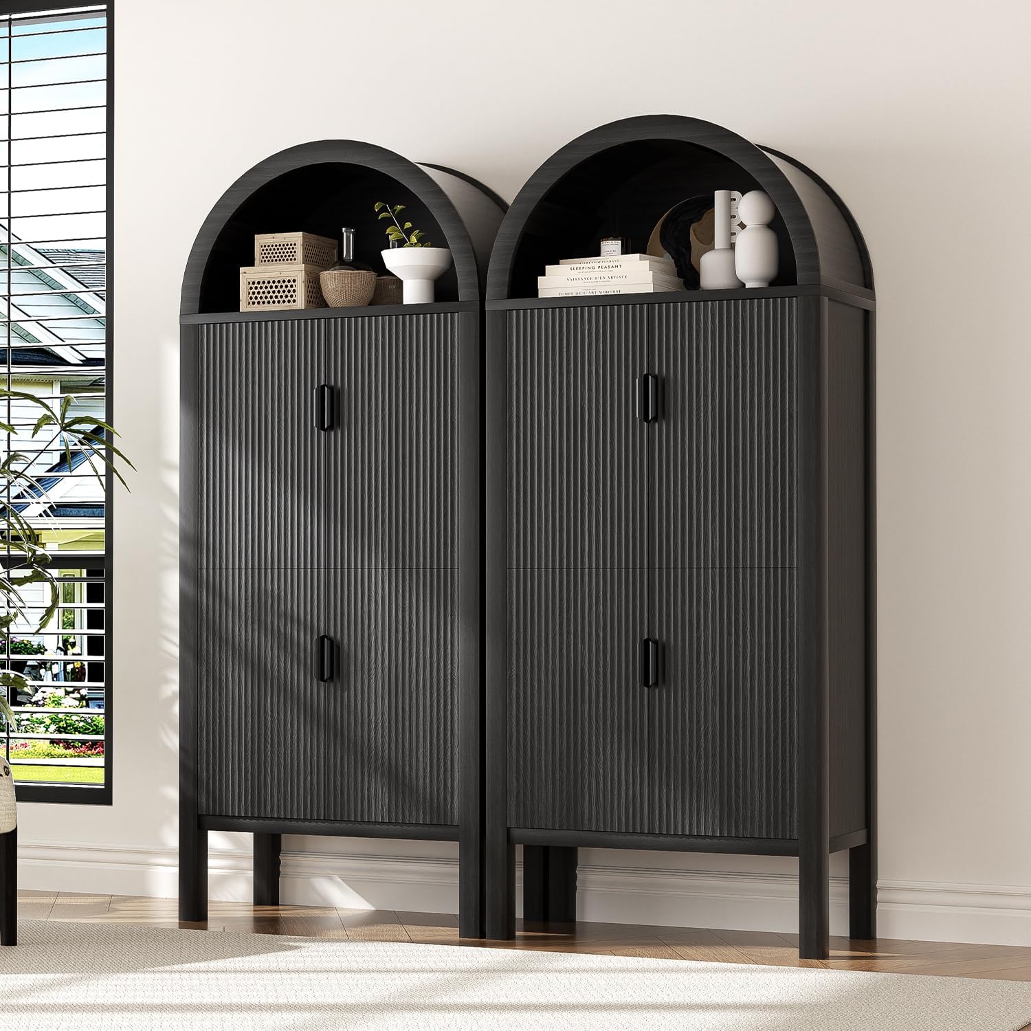 71” Arched Fluted Wooden Pantry Storage Cabinet with 4 Decorative Doors & 4 Shelves – Freestanding Storage Organizer for Modern Living Room, Kitchen, Entryway (Gray-Black Oak)