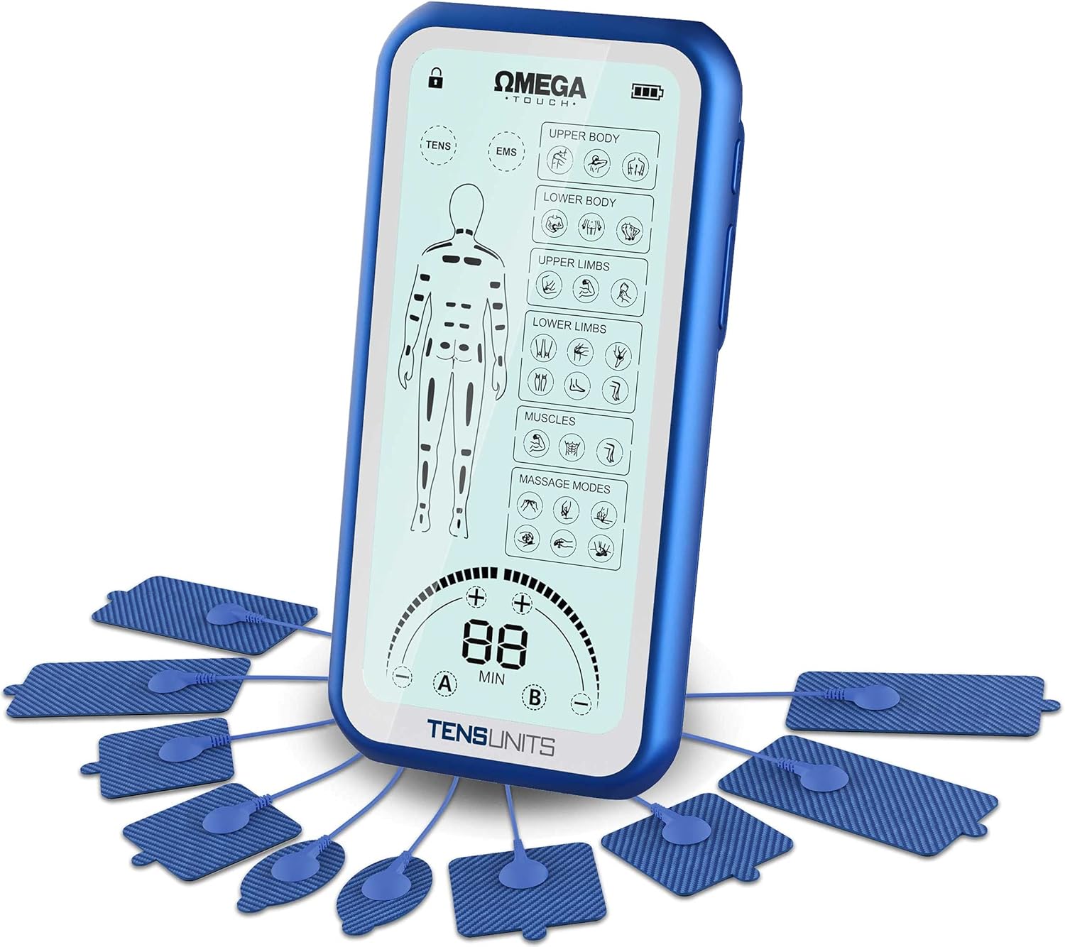 Touch Omega Touchscreen TENS Unit Muscle Stimulator Combo Unit, 24 Modes for Pain and Muscle Relief, Rechargeable Pulse Massager with Electrodes Pads and Case