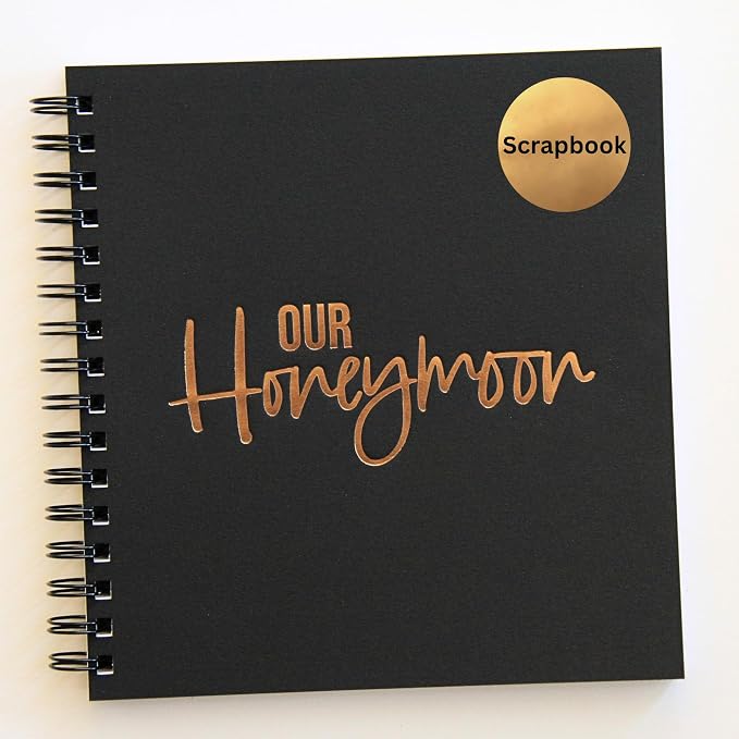 Our Honeymoon Journal, Honeymoon Scrapbook Album, 8.5" x 8.5", 45 Pages, Gold Foil Embossed Cover, Black