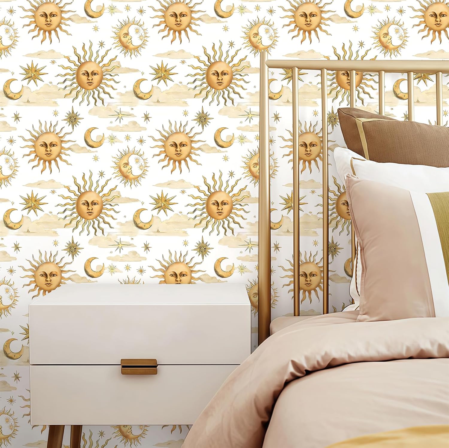 Gold Sun Moon Stars Shelf Liner Contact Paper Celestial Peel and Stick Wallpaper for Nursery Kids Room Bedroom Cabinets Drawer Wall Arts and Crafts Decal 17.3X117 Inches