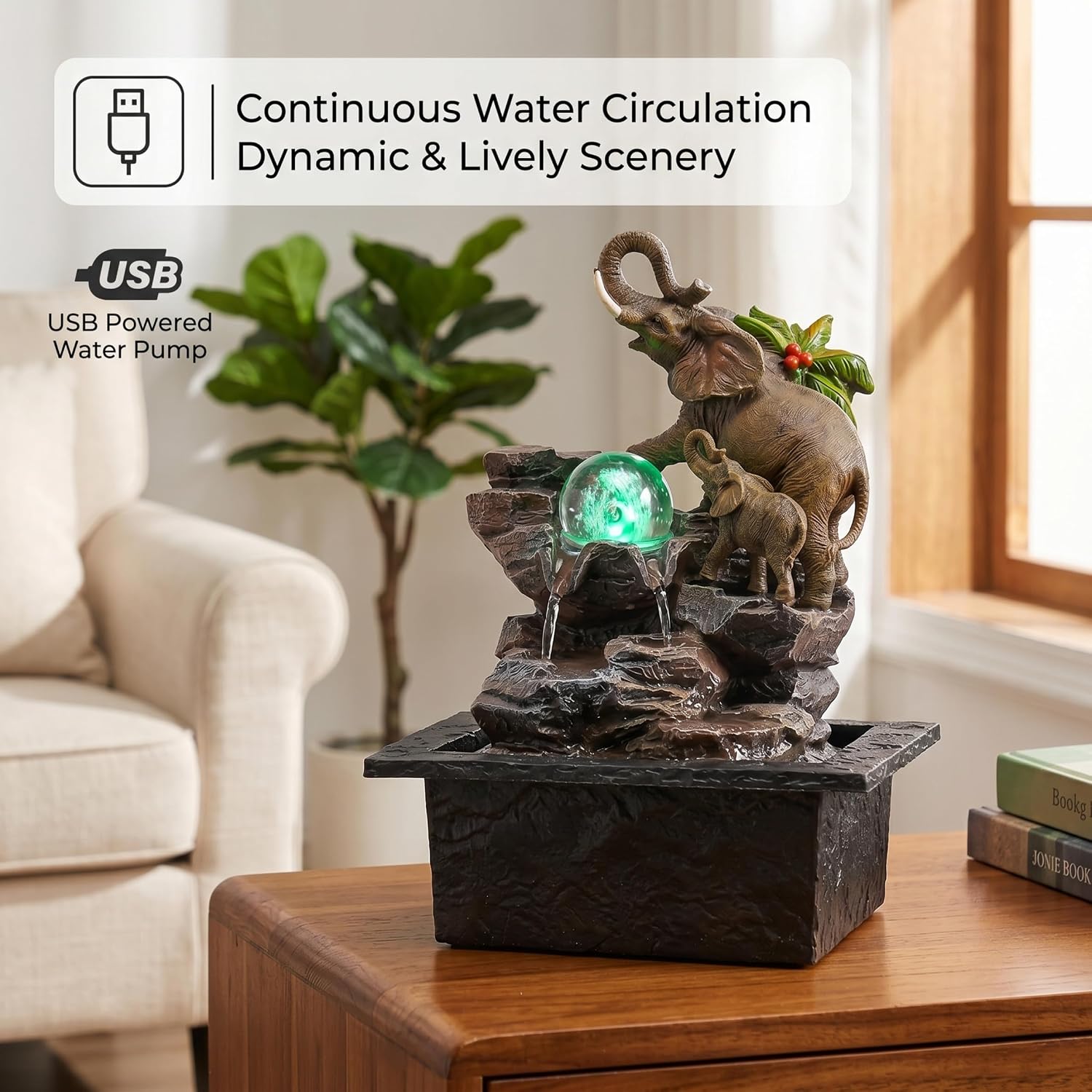 Tabletop Fountains, Elephant Water Fountain, Mother & Child Resin Tabletop Fountain with USB Recirculating Pump, Desktop Chinese Style Decor for Home & Office