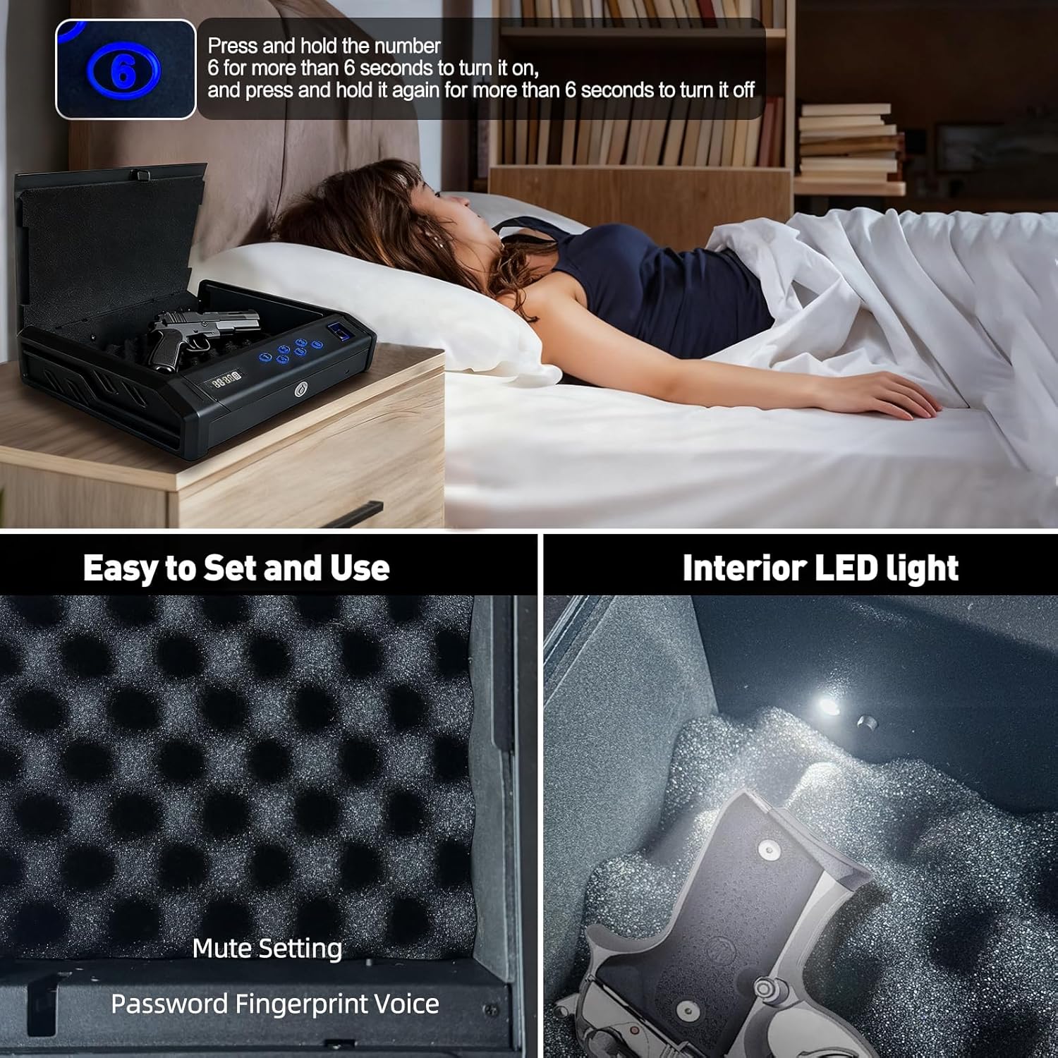 gun safe，with 3 Quick-Access Fingerprint，Passcode，Key.with LCD Display，with Pistol Safe Handgun Safe, Hand Gun Lock Box for Home Drawer Car Bedside Nightstand