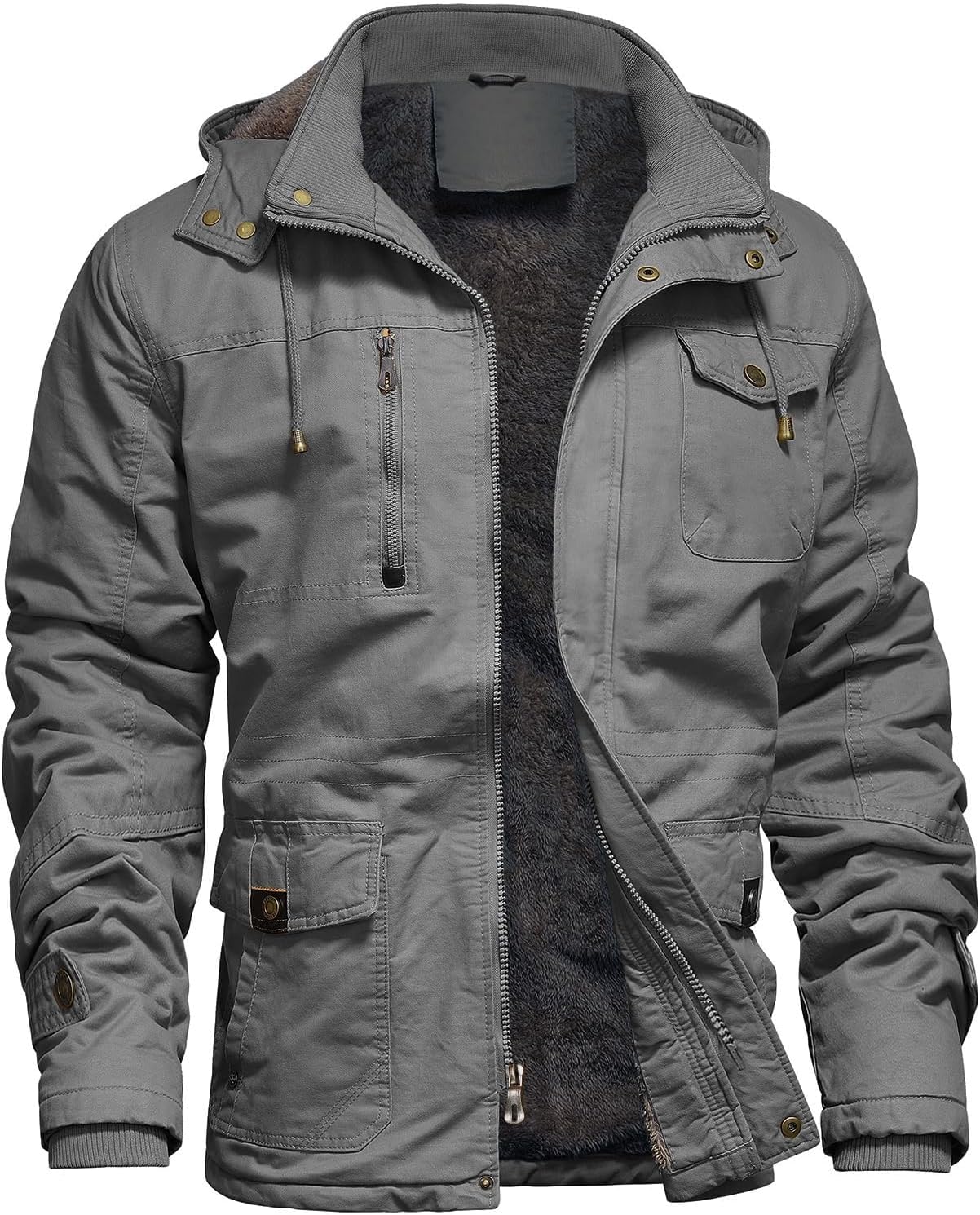 Mens Jacket Winter Casual Fleece Lined Cotton Thick Military Tactical Hooded Work Coats with Cargo Pockets