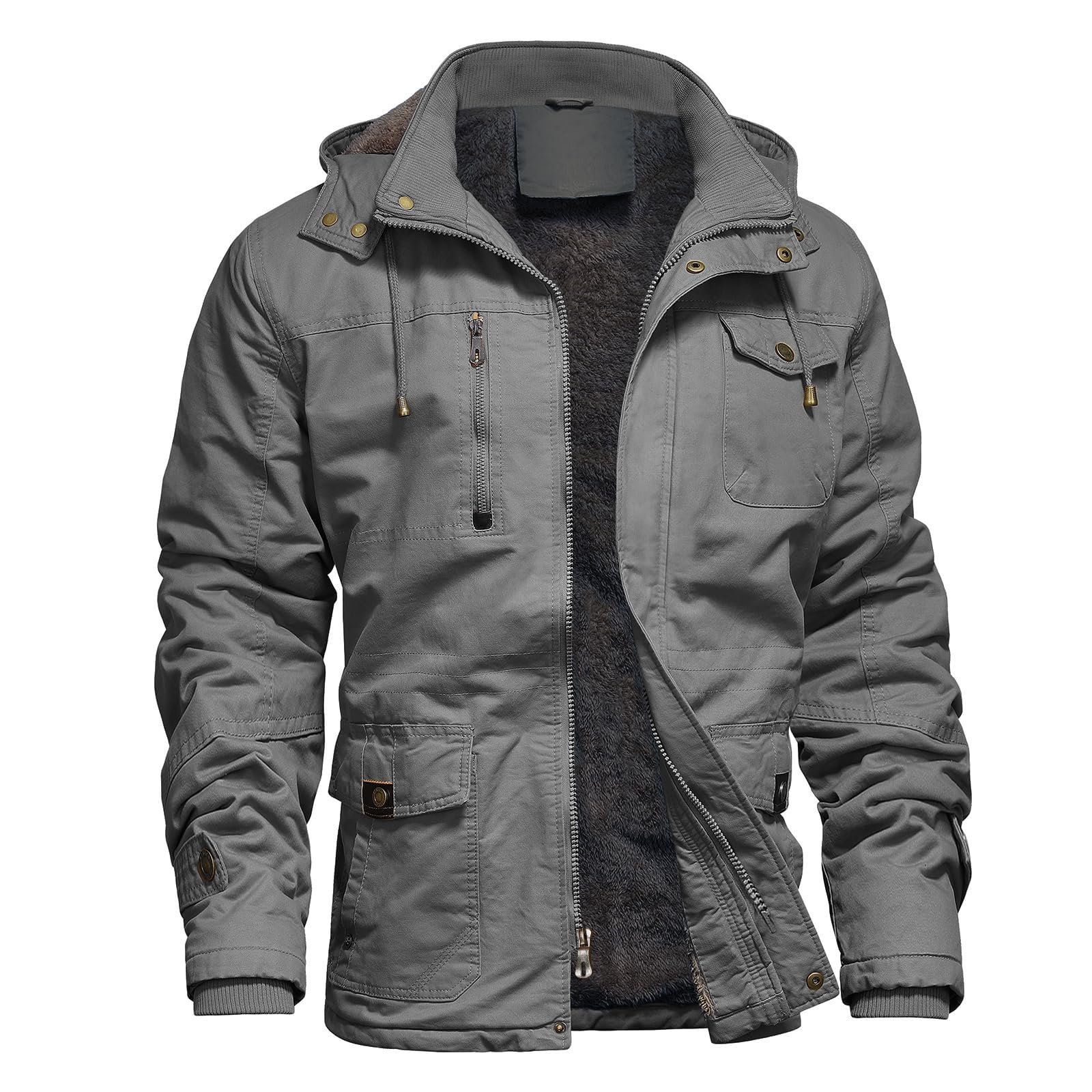 Mens Jacket Winter Casual Fleece Lined Cotton Thick Military Tactical Hooded Work Coats with Cargo Pockets