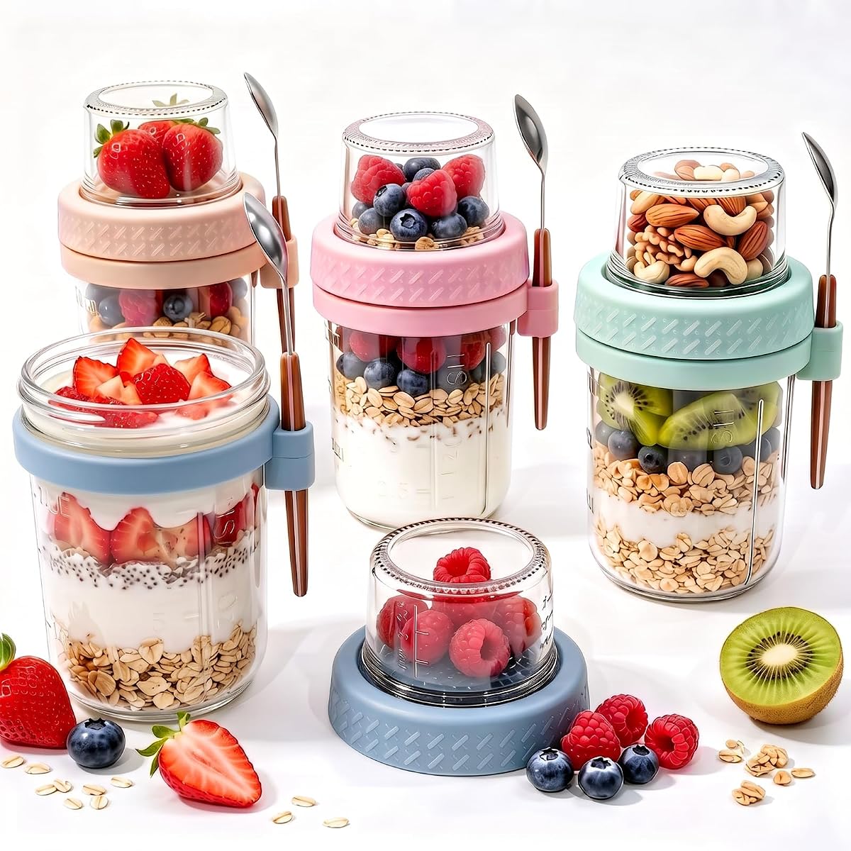 20oz Overnight Oats Containers with Lids and Spoon, 4-Pack Leakproof Glass Yogurt Parfait Cups with Lids for School & Office, Easy-Twist Anti-Slip Mason Jars for Chia Pudding, Fruit, Salad, Granola
