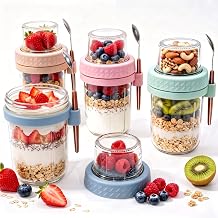 20oz Overnight Oats Containers with Lids and Spoon, 4-Pack Leakproof Glass Yogurt Parfait Cups with Lids for School & Office, Easy-Twist Anti-Slip Mason Jars for Chia Pudding, Fruit, Salad, Granola