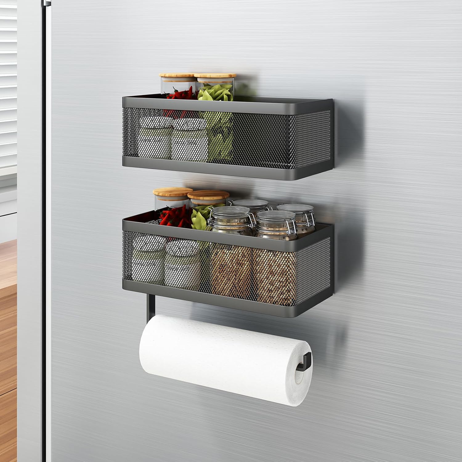 Strong Magnetic Spice Rack for Refrigerator with Paper Towel Holder - 2-in-1 Fridge Organizer Basket, Holds Jars & Rolls, No Drill Mount (Black, Large)