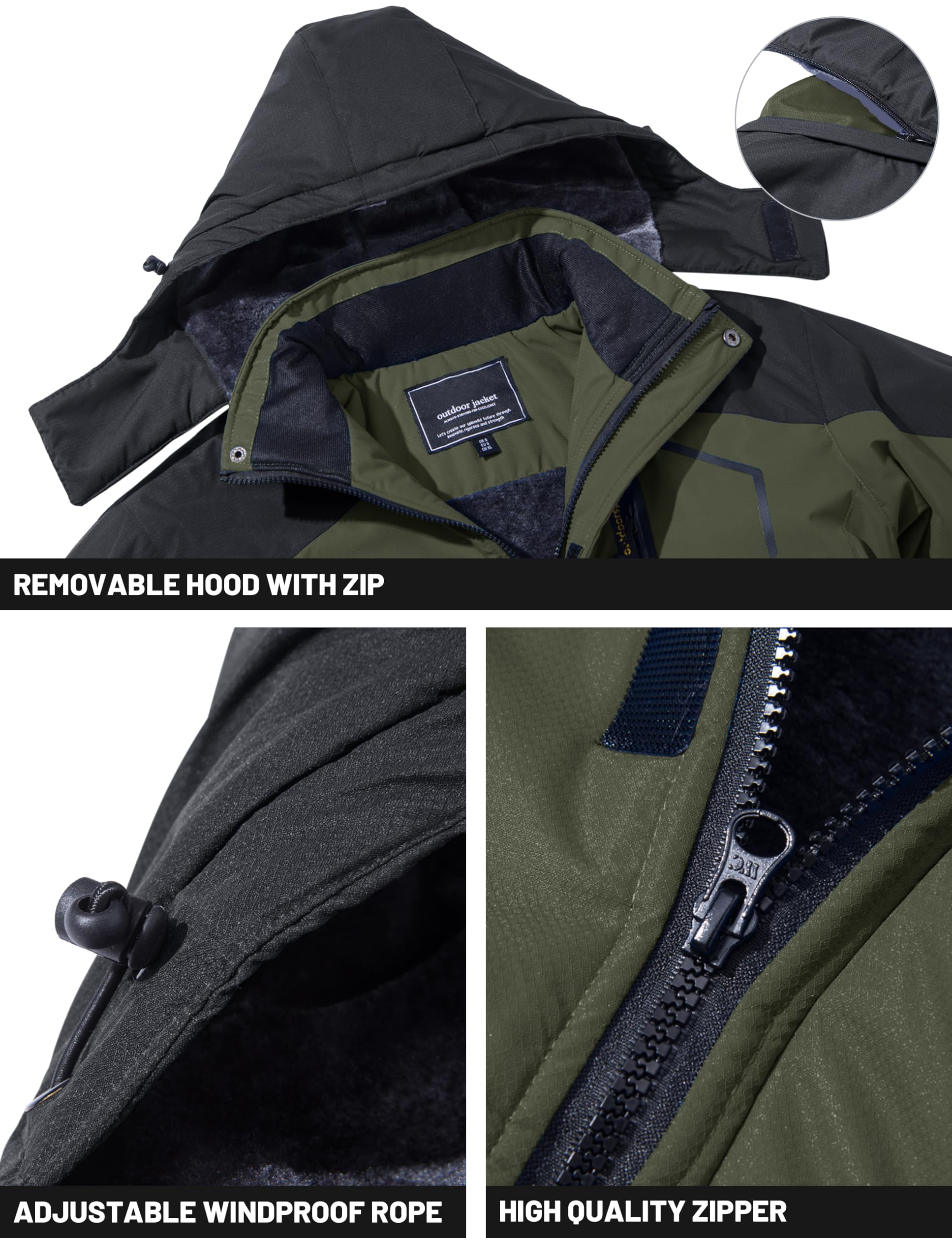 TACVASEN Men's Ski Jacket Windproof Fleece Liner Jacket Winter Snow Hooded Coat, Green, XL 2
