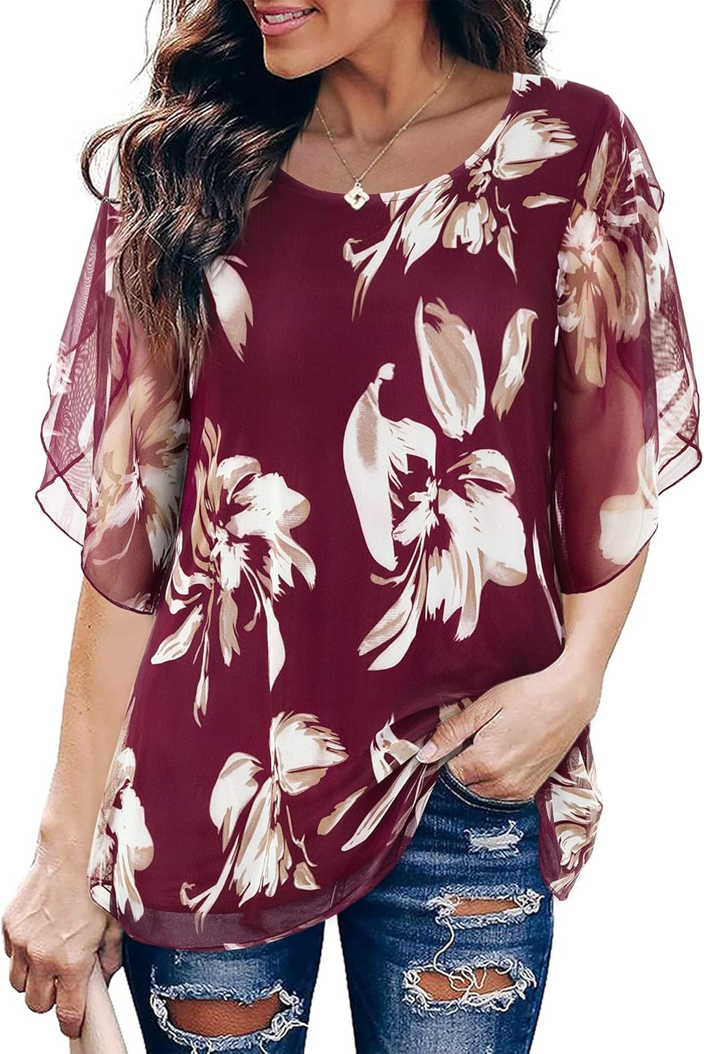 SeSe Code Womens Ruffle 3/4 Sleeve Mesh Blouses Loose Flowy Tops Stretchy Shirts