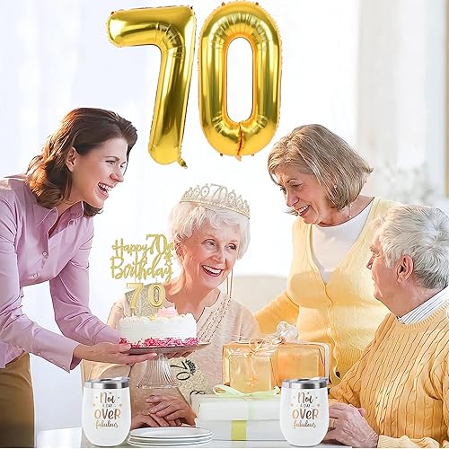 Miniatura 2 de Decoraciones doradas de 70 cumpleaños para mujer con banda y tiara de cumpleaños 70, adorno para pastel de cumpleaños 70 y velas de cumpleaños 70,