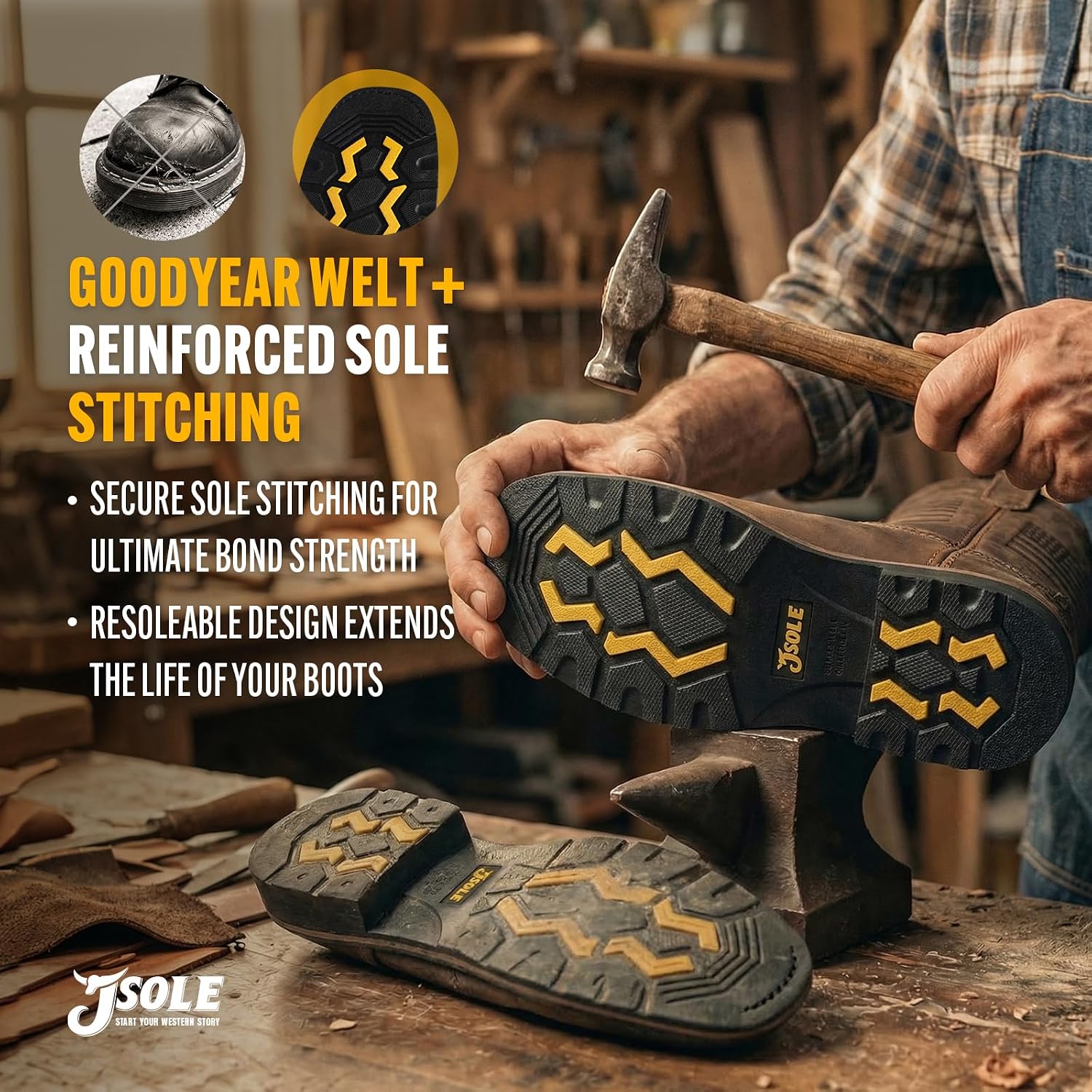 J's.o.l.e Steel Toe Work Boots for Men Square Toe Cowboy Boots Leather Western Rancher Welding Farming Heavy Duty Safety Shoes Brown