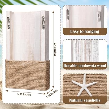 AceOrbit 2 Pcs Beach Rustic Wood Wall Planter Vase Beach Room Decor Nautical Coastal Farmhouse Wall Hanging Decor Pocket Planter for Living Room Office Decoration Excluding Plant (Seashell,Rustic)