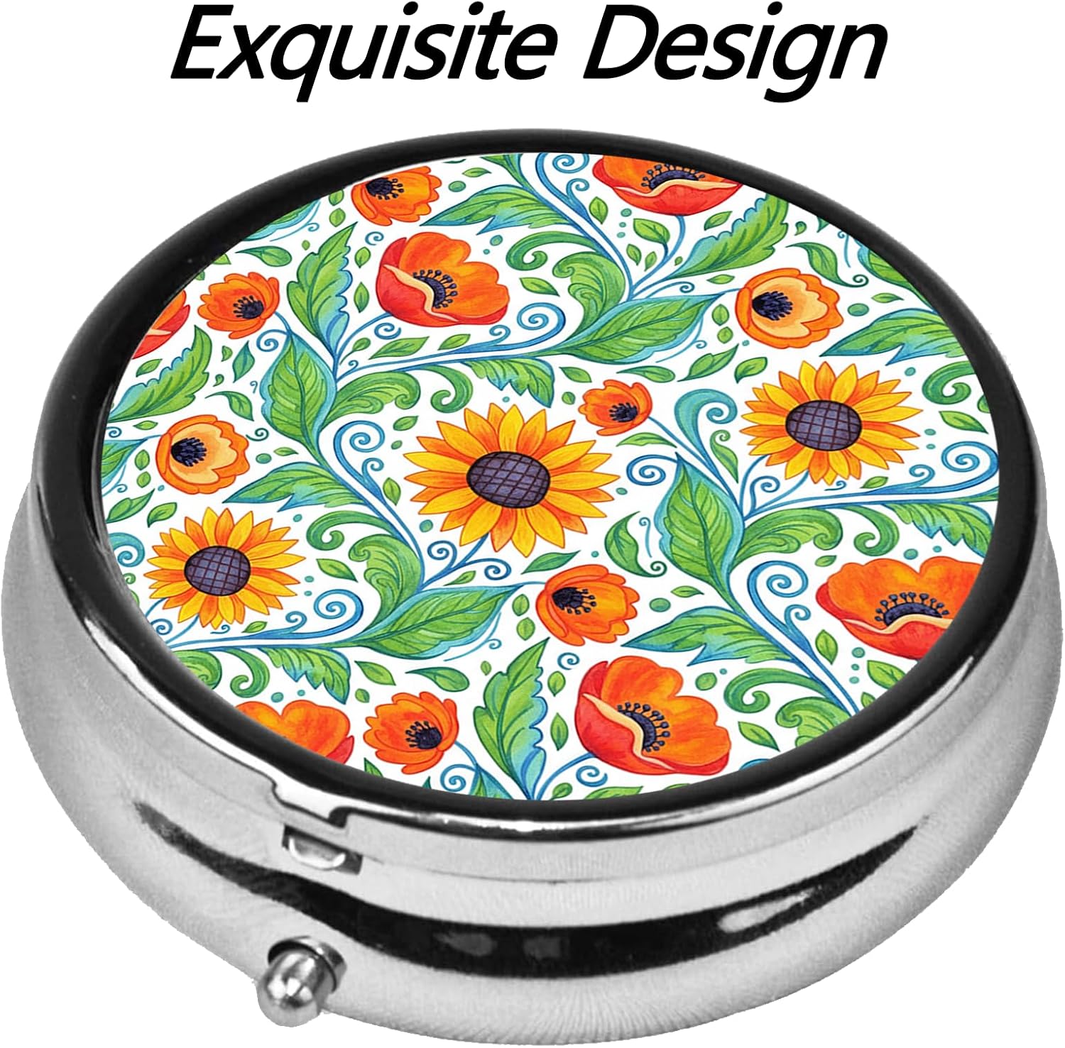 Round Pill Case Small Pill Box Pill Medicine Case Organizer Pill Containers with Mirror Pocket 3 Compartment Vitamin for Traveling Sunflower image 2