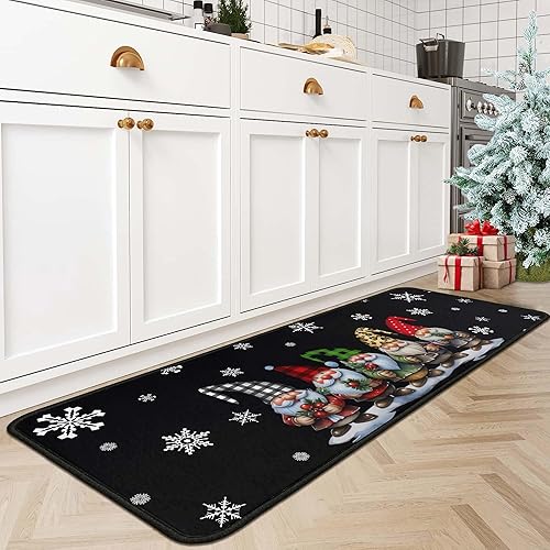 Miniatura 8 de Juego de 2 alfombras de cocina de búfalo con diseño de gnomos de árbol de cuadros negros con texto en inglés "Merry Christmas", decoración de piso