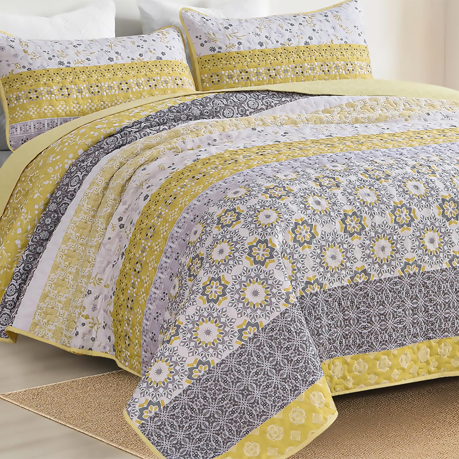 WONGS BEDDING Set di biancheria da letto king size, motivo patchwork a righe bohémien, con copriletto estivo e 2 federe, in microfibra leggera, motivo floreale, 260 x 228 cm