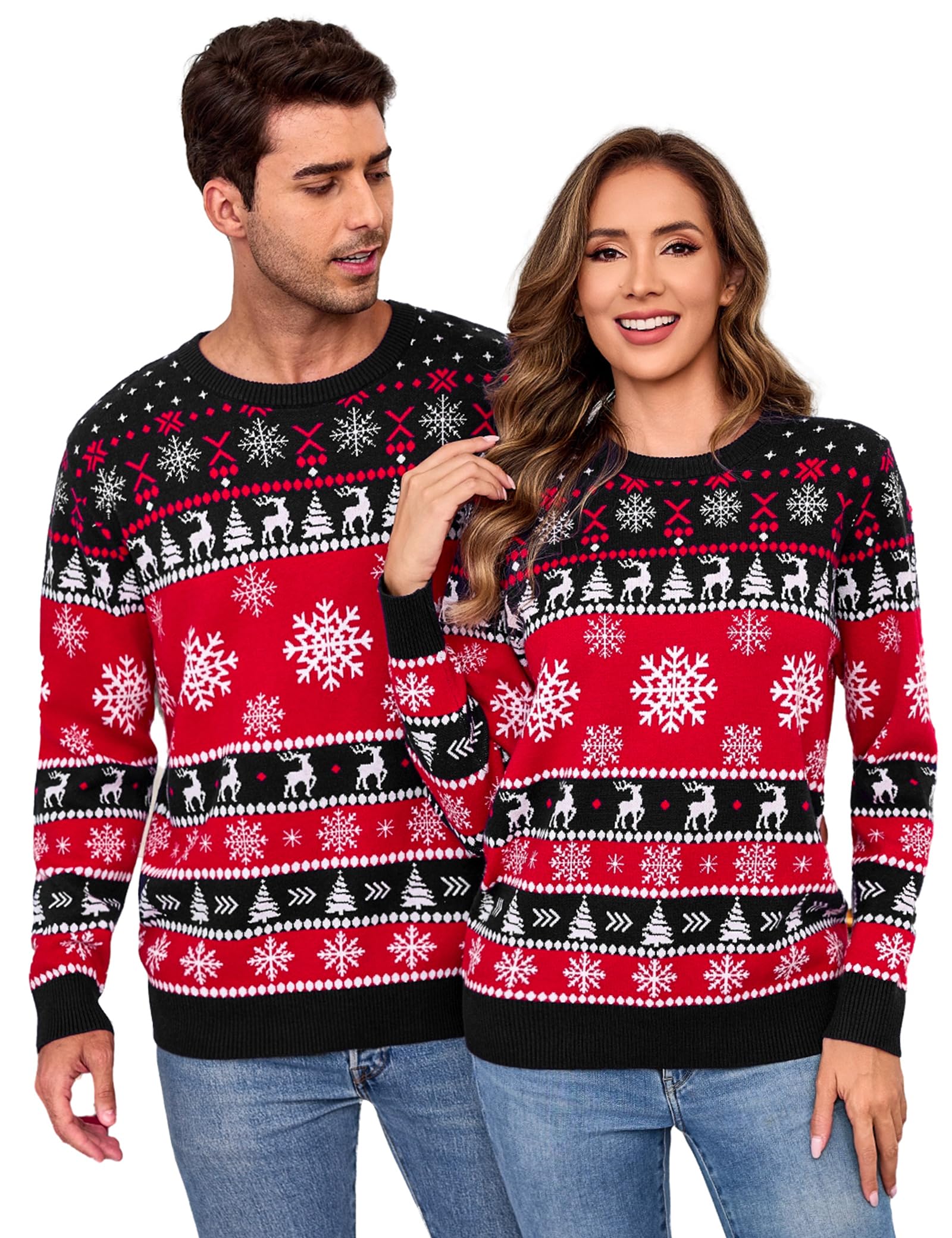 Aottori Pull de Noël Femme Homme Renne Imprimé Col Rond Maille Tricotée