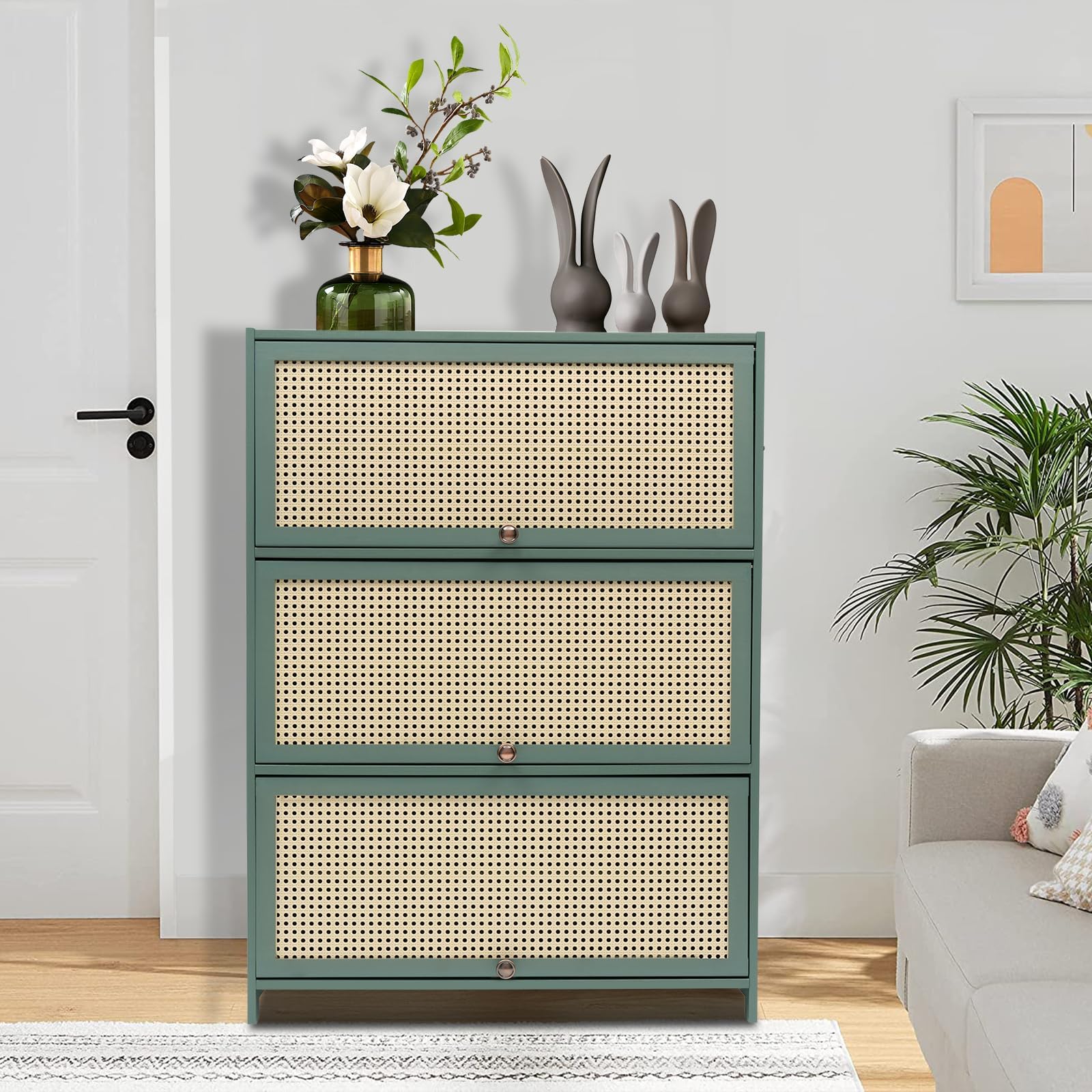 Natural Green Shoe Storage Cabinet, Bamboo Shoe Floor Storage Organizer Rack with 3Doors Free Standing Shoe Racks Shoe Cabinet for Entryway Hallway Closet Bedroom (Green, 31.5*12.6*41.7in)