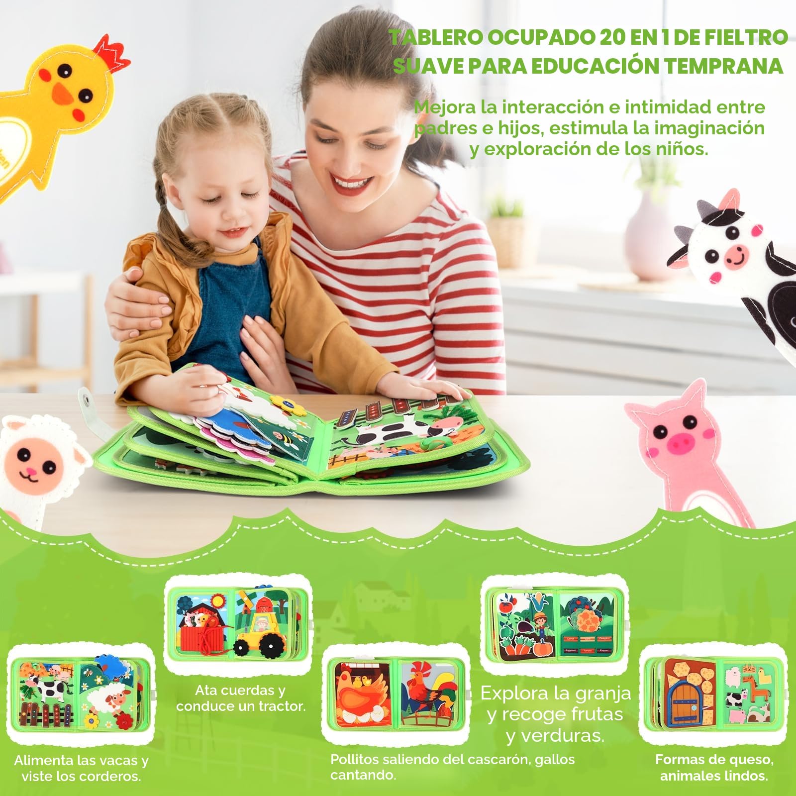 TOSAVGA Juguetes Montessori 1 año, 20 en 1 Busy Board Libro Montessori Interactivo Sensoriales Juguetes para Niños 1 2 3 4 años, Juegos Educativos Niños 1 2 3 Años, 10 Páginas Animales Granja