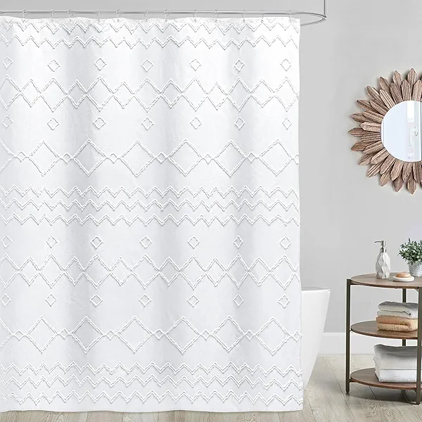 Seasonwood White Shower Curtain, Boho Woven Tufted Geometric Fabric Shower Curtain for Bathroom Modern Shabby Chic Textured Waterproof Farmhouse Cloth Shower Curtains, 72 x 72 Inches