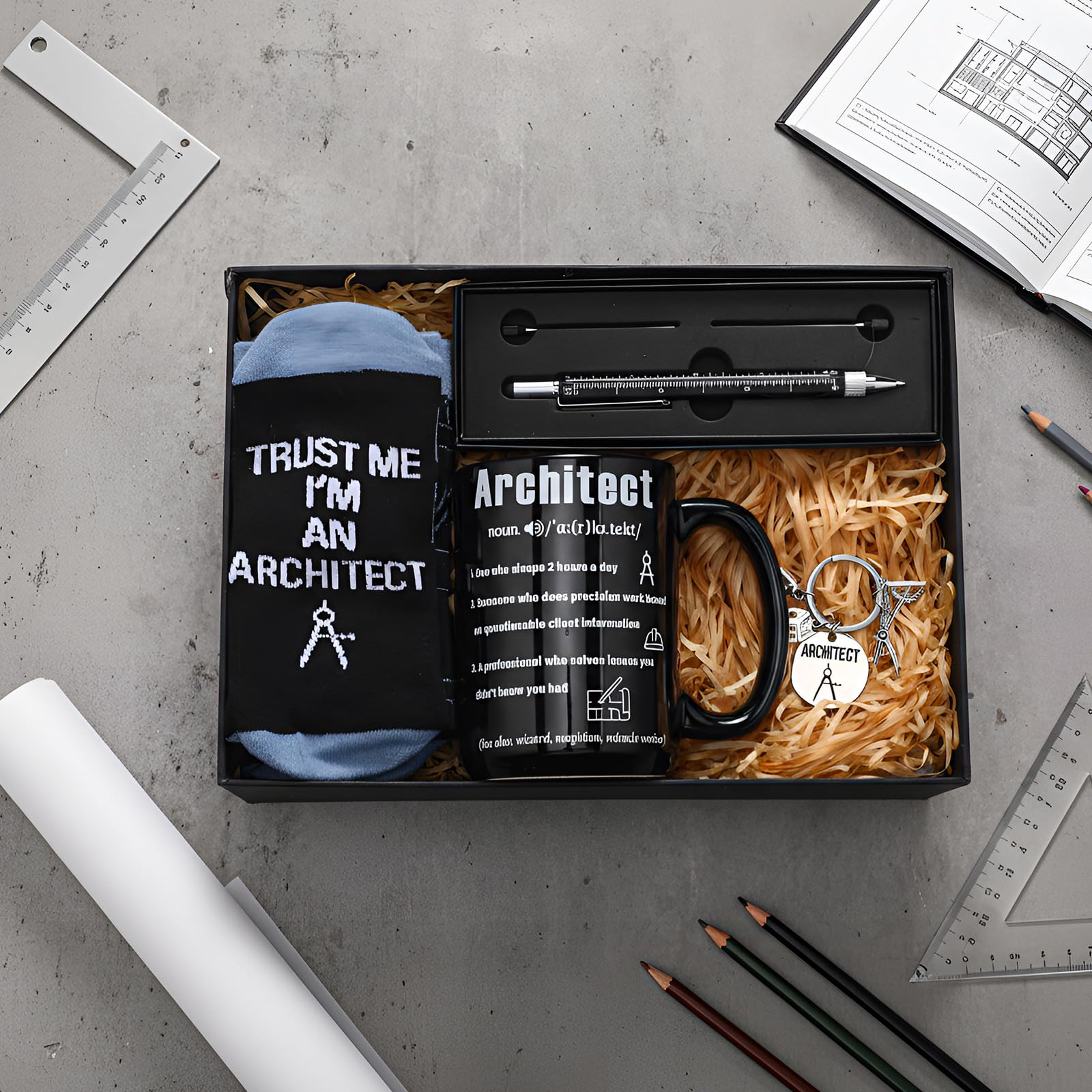 Panitay Architecture Gifts Set for Men 9 in 1 Multi Tool Pen 14 oz Architecture Coffee Mug Keychain Sock Gadget Birthday Retirement Christmas Gift for Father Mechanical Electrical