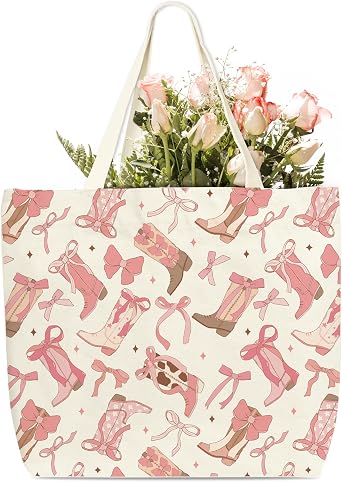 Pink Bow Tote Bags For Women, Pink Bow Canvas Tote Bag, Western Cowgirl Themed Gifts, Birthday Bachelorette Gifts For Cowgirl Family Friends, Cute Shoulder Bag For Work Shopping Travel Holiday, b14