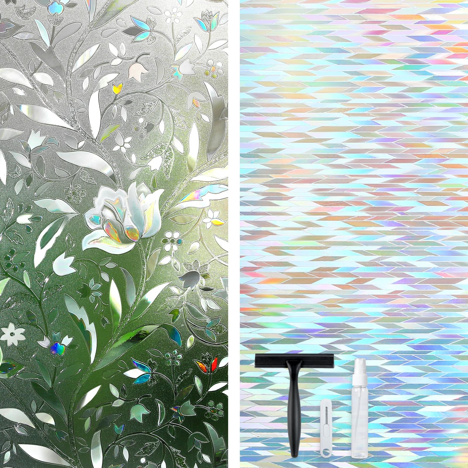 Stained Glass Window Film 17.5" x 78.7" and Window Privacy Film with Installation Tools 17.5" x 78.7"