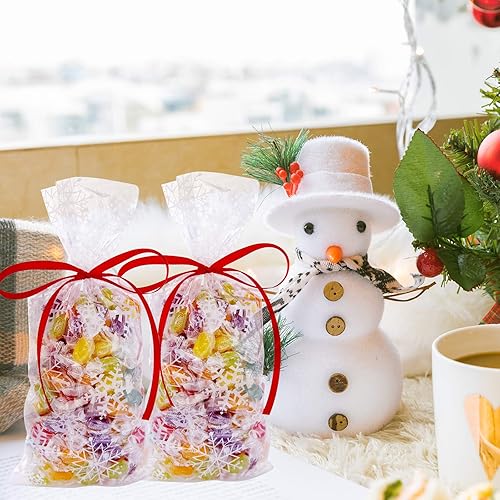 Miniatura 5 de HOVEOX 200 bolsas de celofán de Navidad con cinta roja de copo de nieve, bolsas de golosinas transparentes para Navidad, Halloween, vacaciones,