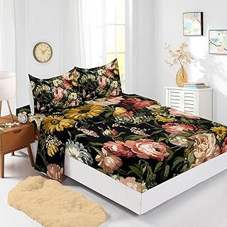 Boho Floral 4 Pieces Bed Sheets Soft Microfiber,Oil Painting Flowers Bedding Set Fitted Sheet Deep Pockets Top Flat Sheet Room Decor Full Size with 2 Pillowcases for Girls and Boys
