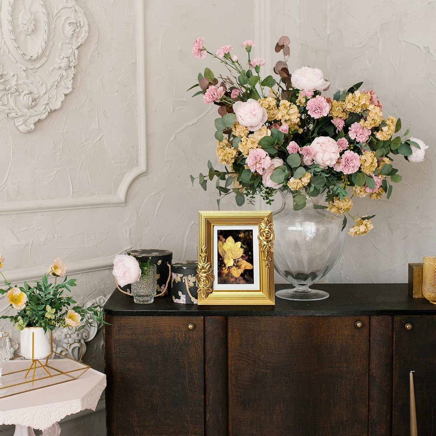 5x7 Gold Picture Frame, Solid Wood with Real Glass, Vintage Ornate Baroque Rose Flower Trim, Matted to 4x6, Vertical and Horizontal for Tabletop or Wall Hanging Photo Frame