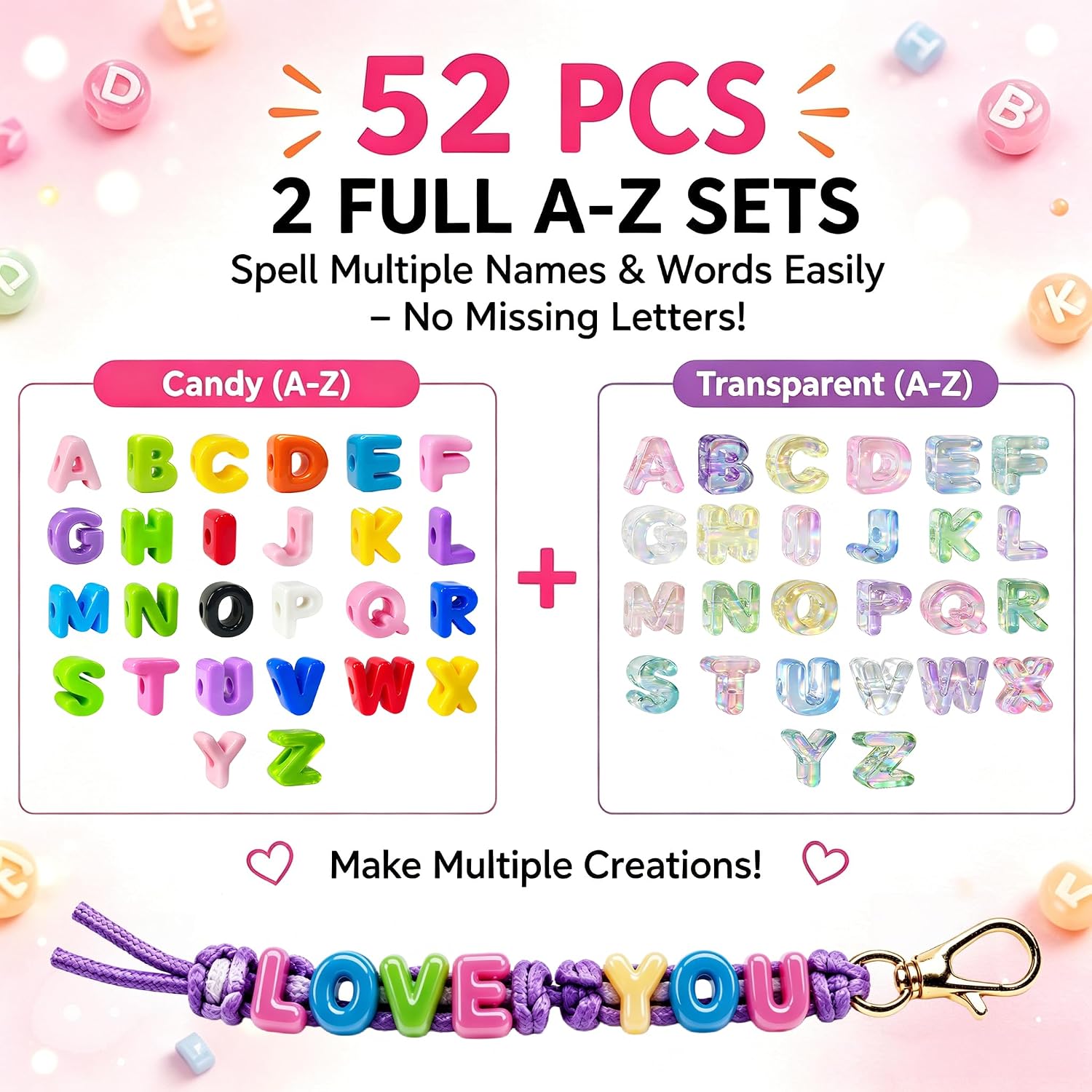 52PCS Large Letter Beads, Chunky Acrylic Bubble Alphabet Beads