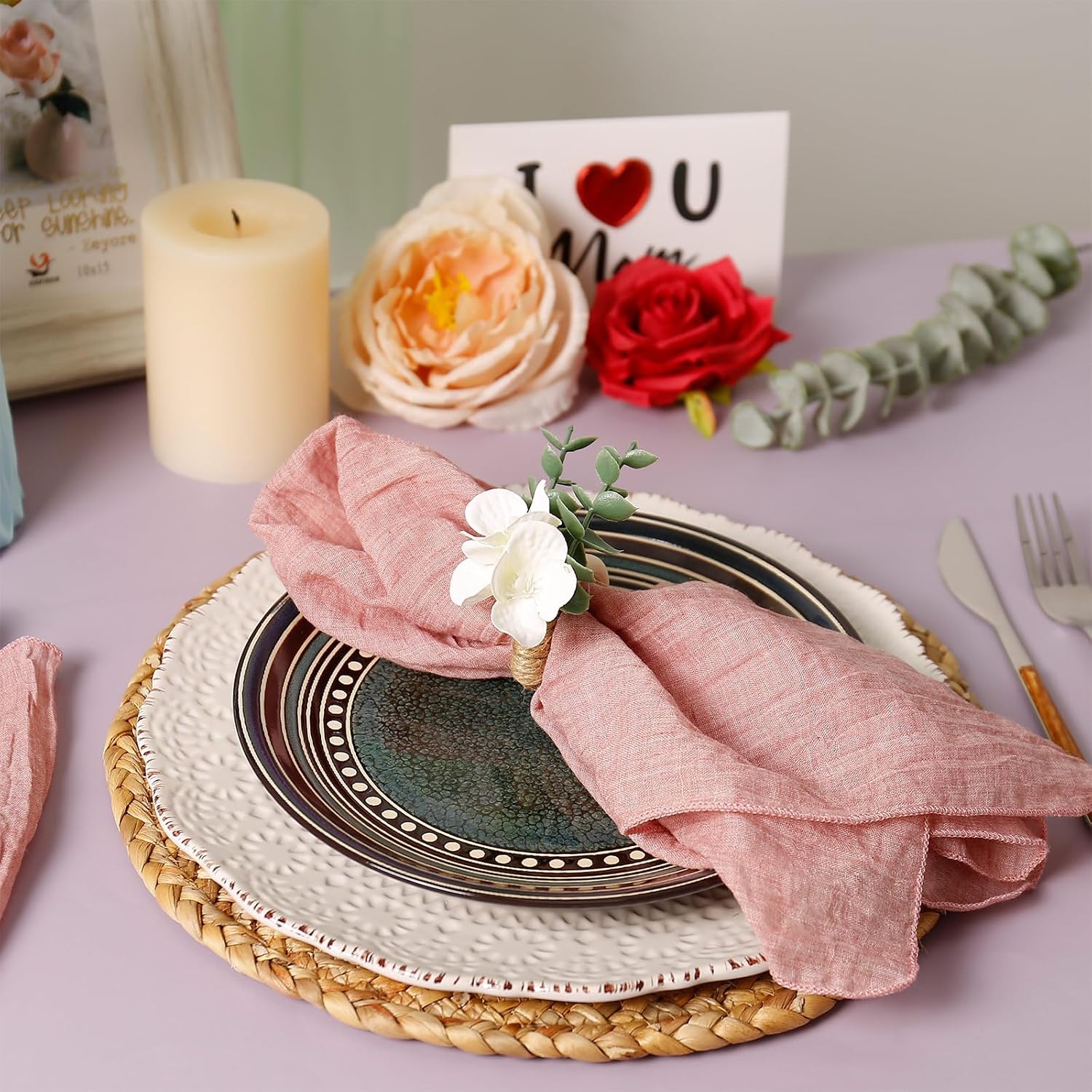 Handmade Floral Napkin Rings, Hydrangea & Eucalyptus Leaf Spring Decoration for Wedding, Easter, Party and Everyday Table Setting