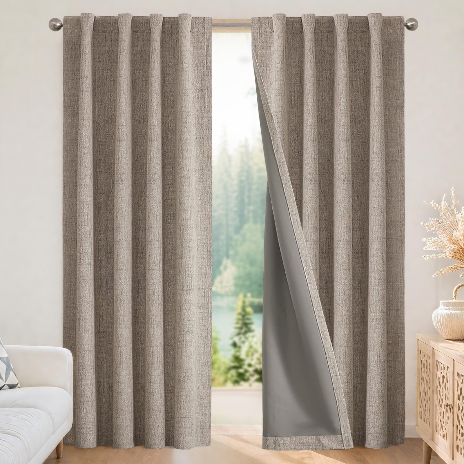 Joydeco 100% Tende Oscuranti per Interni 2 Pezzi L 140 x A 260 CM, Lino Tende Termiche con Passanti Nascosti per Soggiorno Moderne Cameretta Bambini Camera da Letto Blackout Curtains, Lino