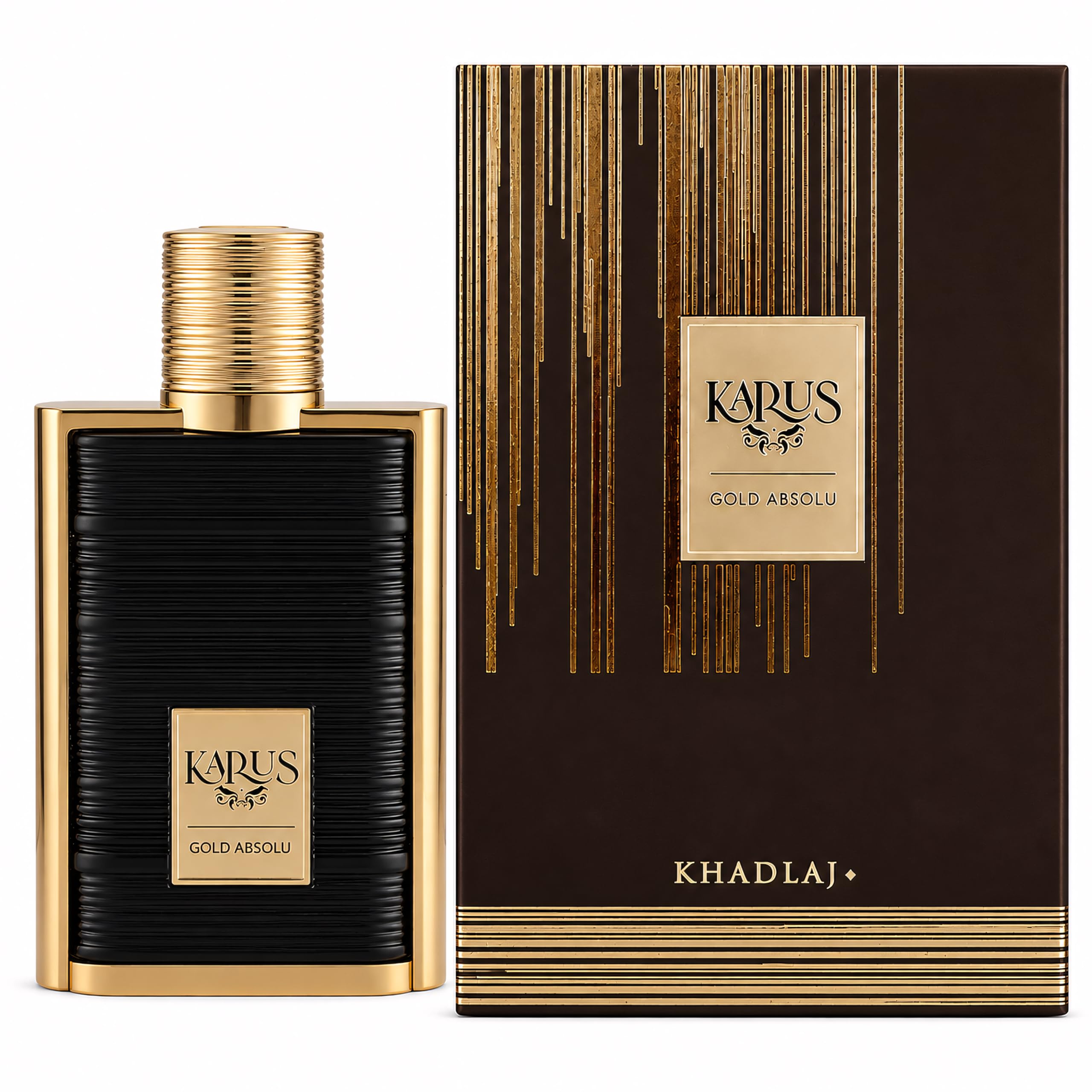 Khadlaj Karus Gold Absolu 100 ml Eau de Parfum Spray Unisex | Bergamotte & Schwarze Johannisbeere, Herz von Veilchen und Jasmin, Zedern- und Tonka-Grundierung, blumig, fruchtig, holzig
