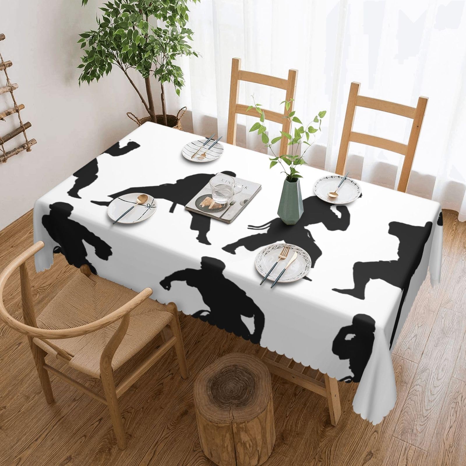 WPKJU Silhouettes of Martial Arts Printed Rectangle Tablecloth 72x54 Inch with Lace Trim, Water-Resistant Washable Table Cover for Farmhouse Weddings, Outdoor Picnics & Holiday Dining
