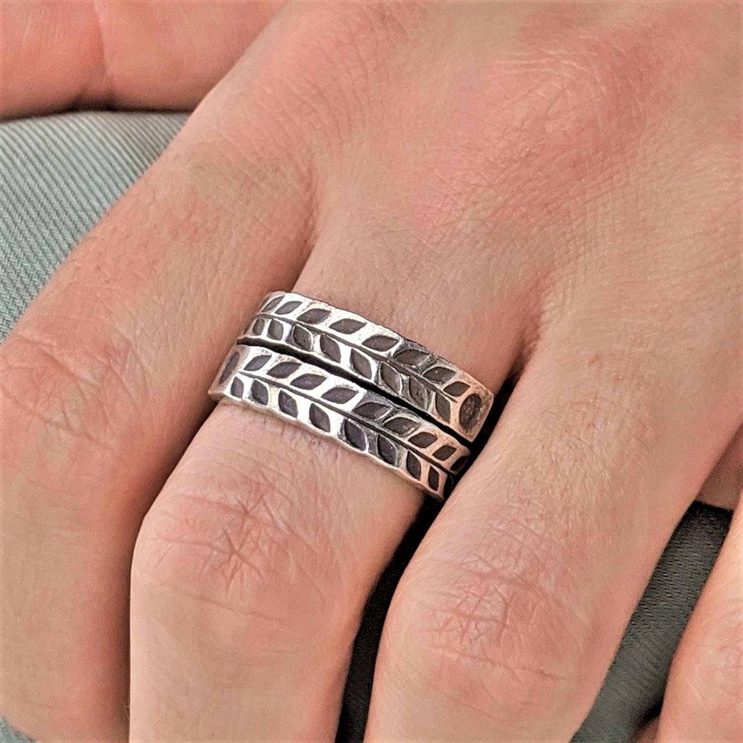 81stgeneration Karen Hill Tribe Leaf Rings in 999 Fine Silver - Wrap Rings for Women - Overlapping Tribal Patterned Thumb Ring - Boho Rings for Ladies - Silver Leaf Jewelry -