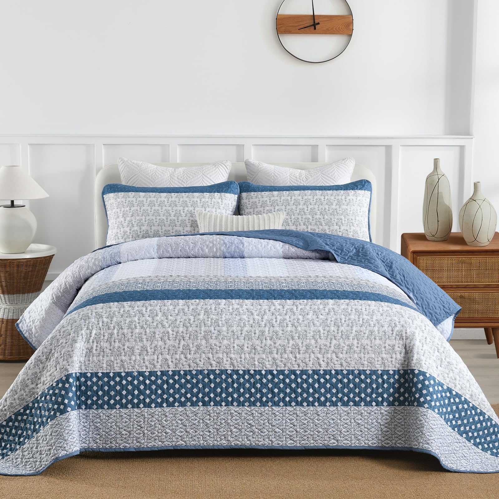 Blue Quilt Queen Size, Bohemian Stripe Quilt Sets 3 Pieces Boho Quilted