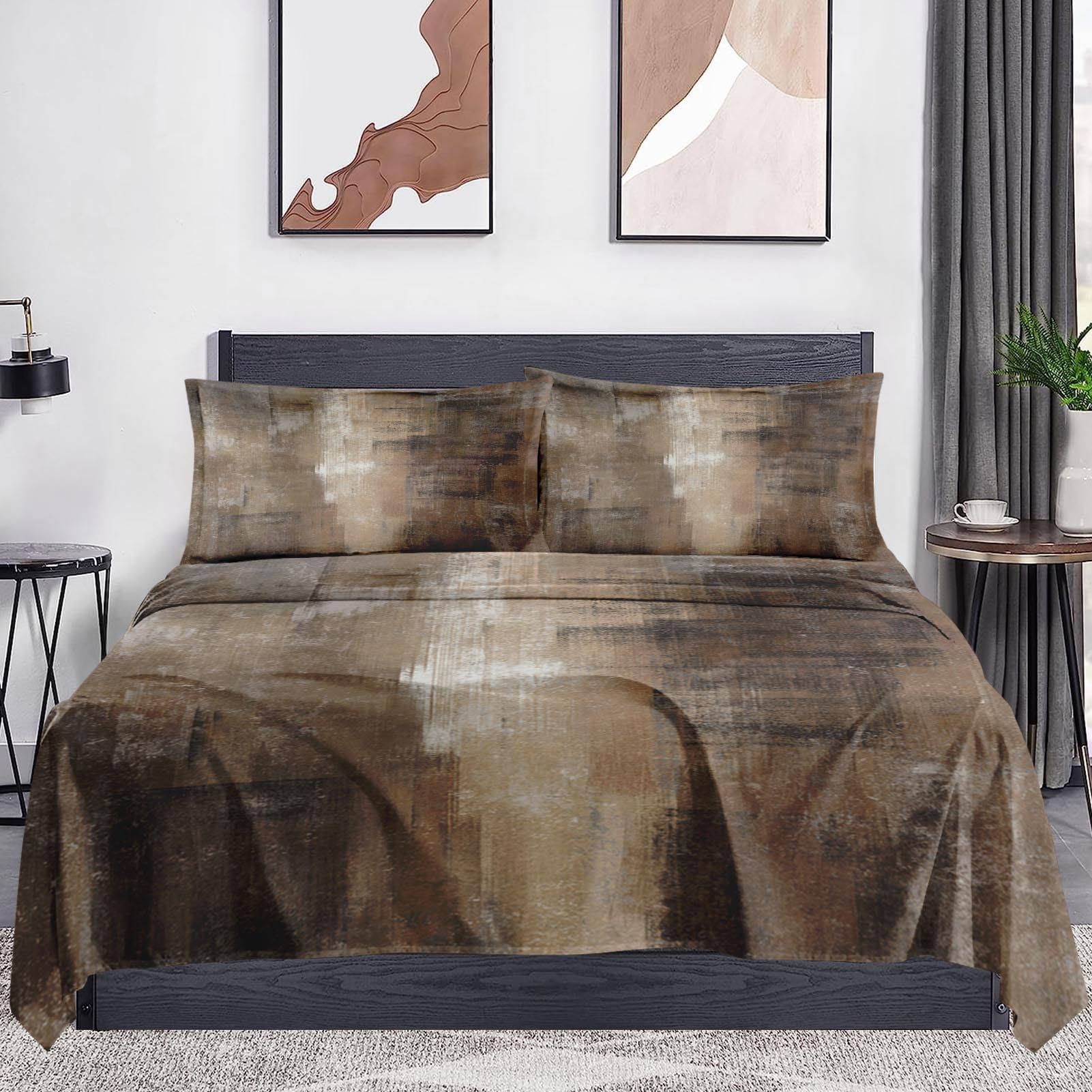 WeCozy Queen Size Bed Sheet Sets with Pillowcases, Brown Grey Painting 4 Pcs Soft Microfiber Bedding for Kids and Adults, Beige Contemporary Flat, Fitted Sheet for Bedroom Bed Decor