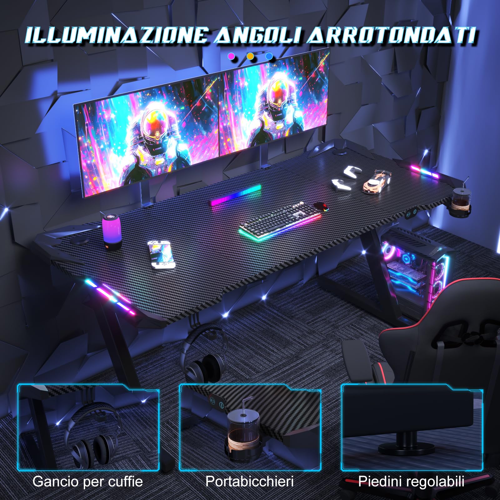 Scrivania Gaming LED 160x60 cm - Tavolo Gaming Ergonomico con Ganci per Cuffie e Piano in Fibra di Carbonio Nero, Scrivania per Computer Illuminazione RGB Regolabile, per Setup Gamer Professionale