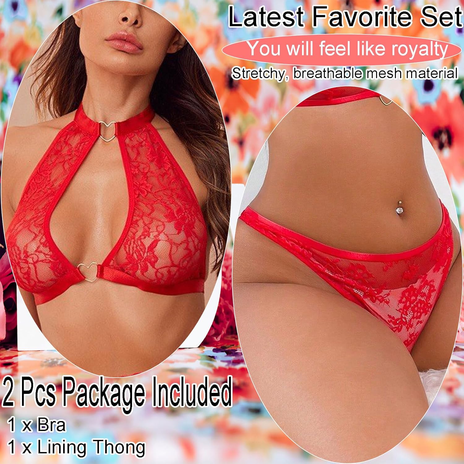 Womens Sexy Lace Lingerie Sets 2 Piece, Halter Bra and Panty Set for Women Valentines Day Lingerie, Red, Onesize 2-8 - Image 5