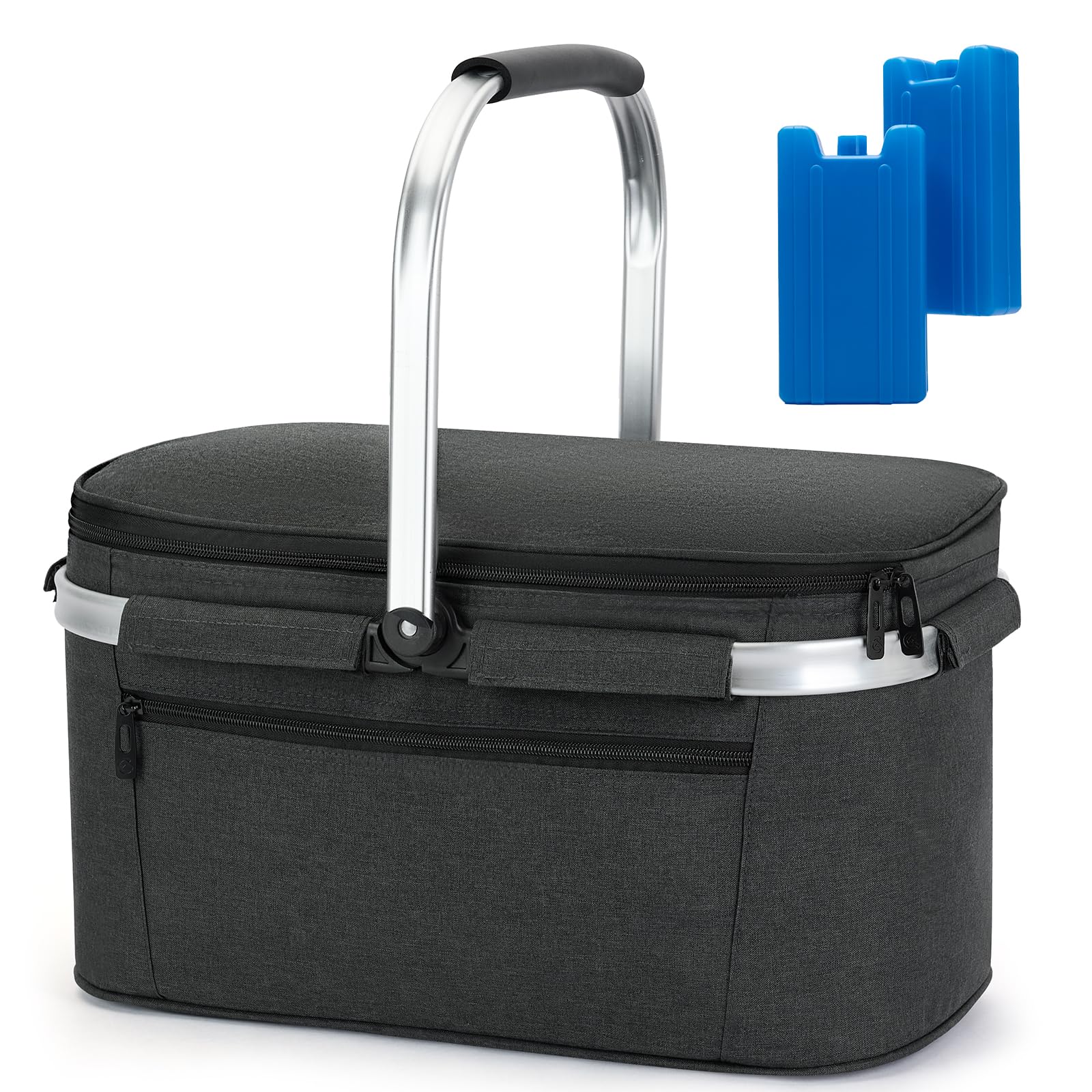 ALLCAMP Groß Faltbar Isoliert Kühltasche - Einkaufskorb Thermo Mit Deckel, Abnehmbarer Picknickkorb 2 Personen, Aluminiumrahmen Kühlkorb, Verdicken Thermokorb - Mit 2 Kühlakkus