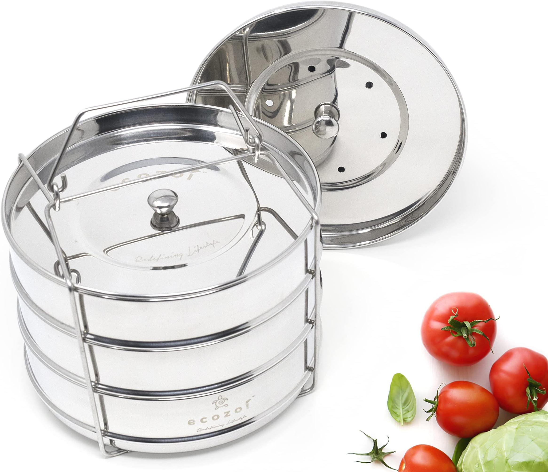 ecozoi Instant Pot Stackable Insert Pan 6 & 8 Quart 3 Tier Steamer Insert Pan Instant Pot Pressure Cooker Pot Pan Baking Steam Casserole with 2 Interchangeable Lids and Sling