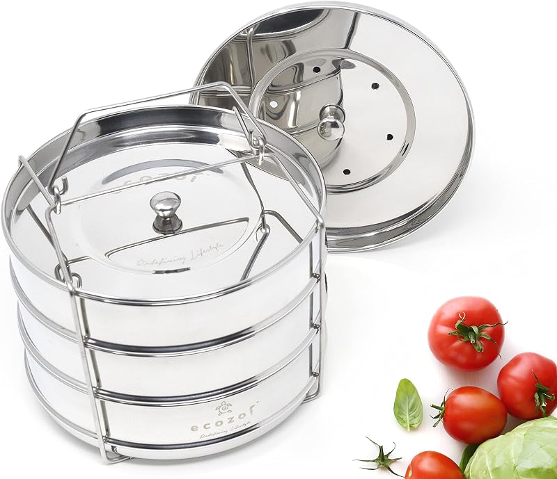 Ecozoi Stackable Steamer Insert Pans for 6 & 8 Quart, 3 Tier Pans Compatible with Instant Pot Pressure Cooker, Pot in Pot for Baking, Steaming & Casseroles, 2 Interchangeable Lids and Sling