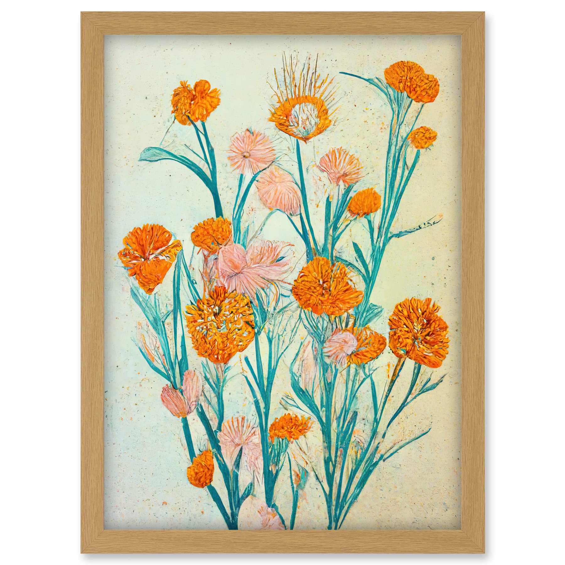 Boho Marigold Flowers Teal Orange Painting Artwork Framed A3 Wall Art Print