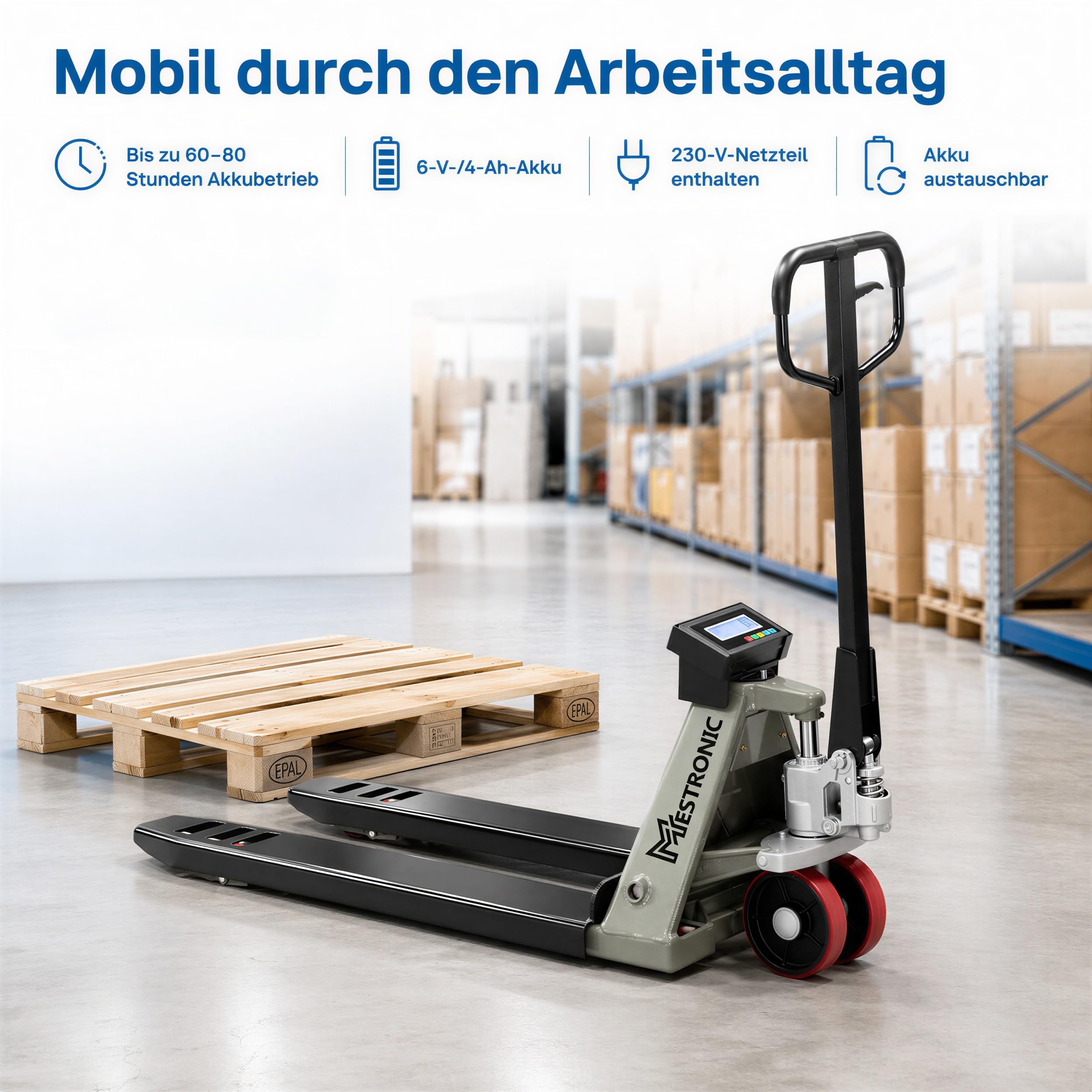 WKA Wiegehubwagen WH-2500 Plus, 2500 kg, 200 g, Hubwagen mit Waage | 2.500 kg Tragkraft, 200-g-Anzeigeschritt, 4 DMS-Wägezellen, Akku, LCD, Tara, Summieren, PU-Tandemrollen