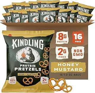 Kindling Protein Pretzels - Honey Mustard | Protein-Packed Snack Size Bags | Kosher | 8-9g Protein Per Serving | Only 1-2g of Total Sugar | No Artificial Flavors, Soy-Free | Lunches, Office Snacks, & On-the-Go | 16-Count (1.06oz Bags)