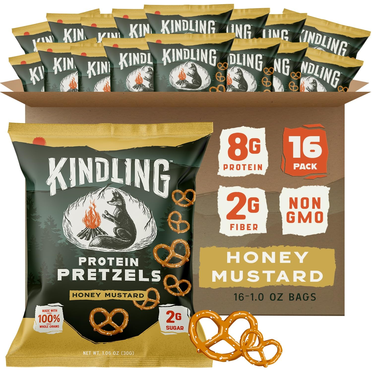 Kindling Protein Pretzels - Honey Mustard | Protein-Packed Snack Size Bags | Kosher | 8-9g Protein Per Serving | Only 1-2g of Total Sugar | No Artificial Flavors, Soy-Free | Lunches, Office Snacks, & On-the-Go | 16-Count (1.06oz Bags)
