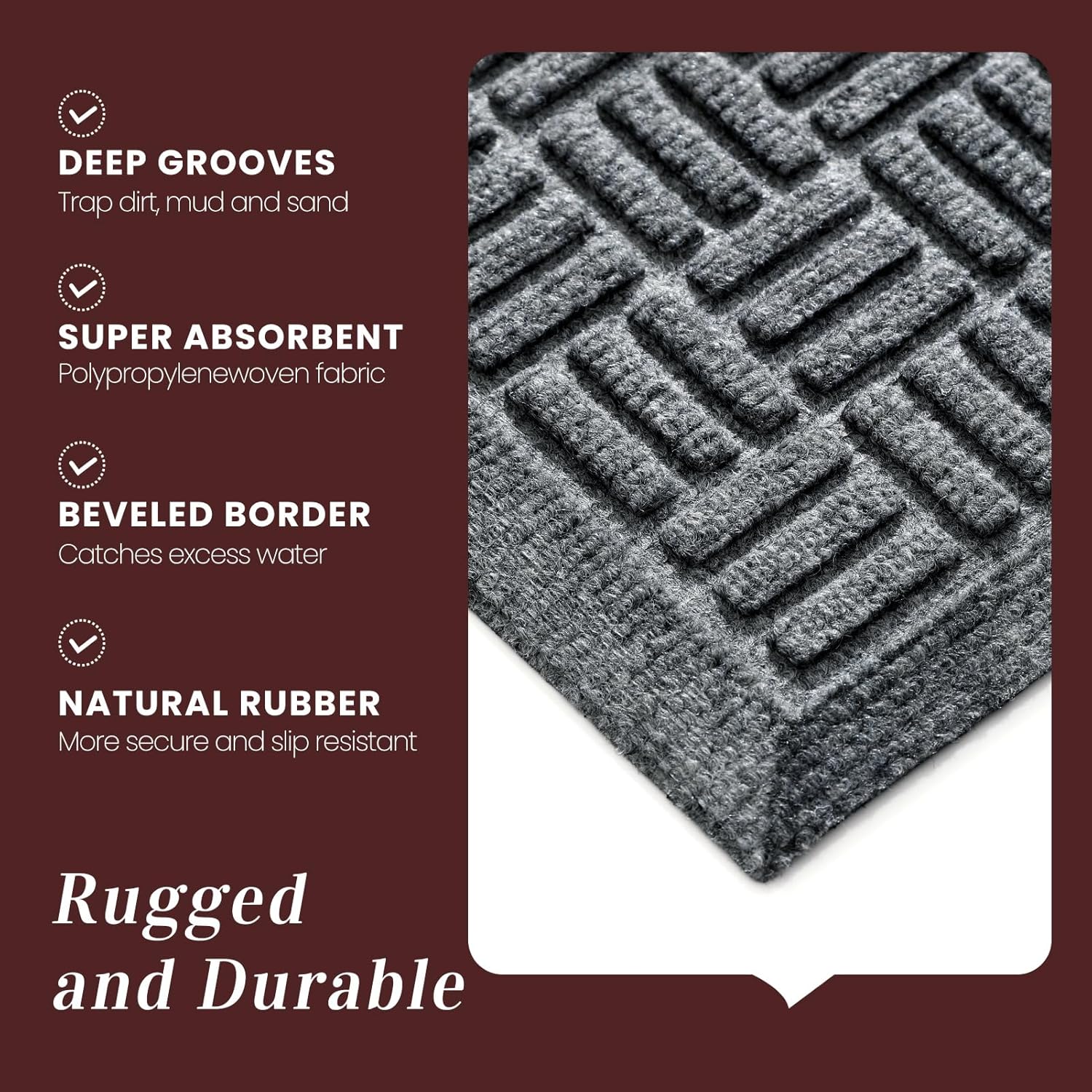 Mibao Front Door Mat Indoor Outdoor Entrance, Dirt Trapping Waterproof All-Season, All-Weather Doormat, Non-Slip Durable Natural Rubber Low Profile Easy Clean Patio Entrance Mat, 36" x 24", Grey