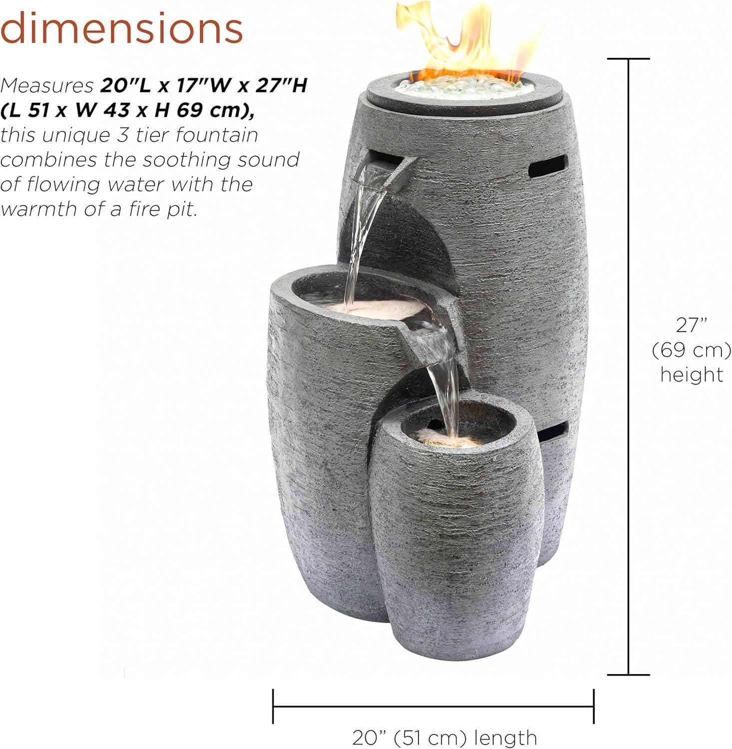 Alpine Corporation WTO120 Outdoor Cascading Look 3 Tiered Fire and Water Fountain with Adjustable Flame and LED Lights, 27" Tall, Gray
